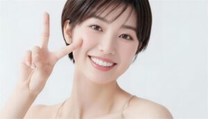 入れ歯で失った歯を補ったピースサインの若い女性