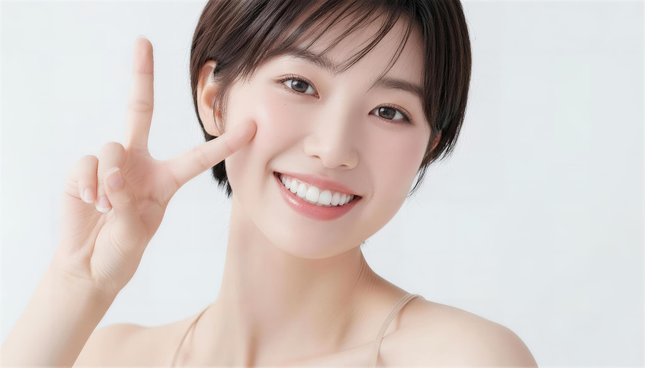 入れ歯で失った歯を補ったピースサインの若い女性