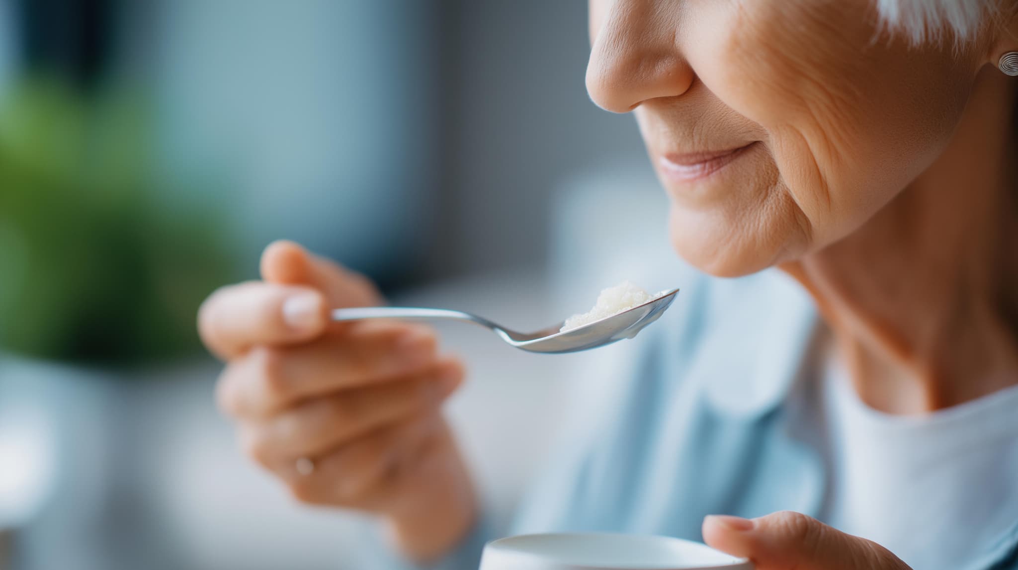 柔らかいものを食す高齢女性