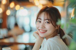 インプラント治療をした歯を見せて笑う女性