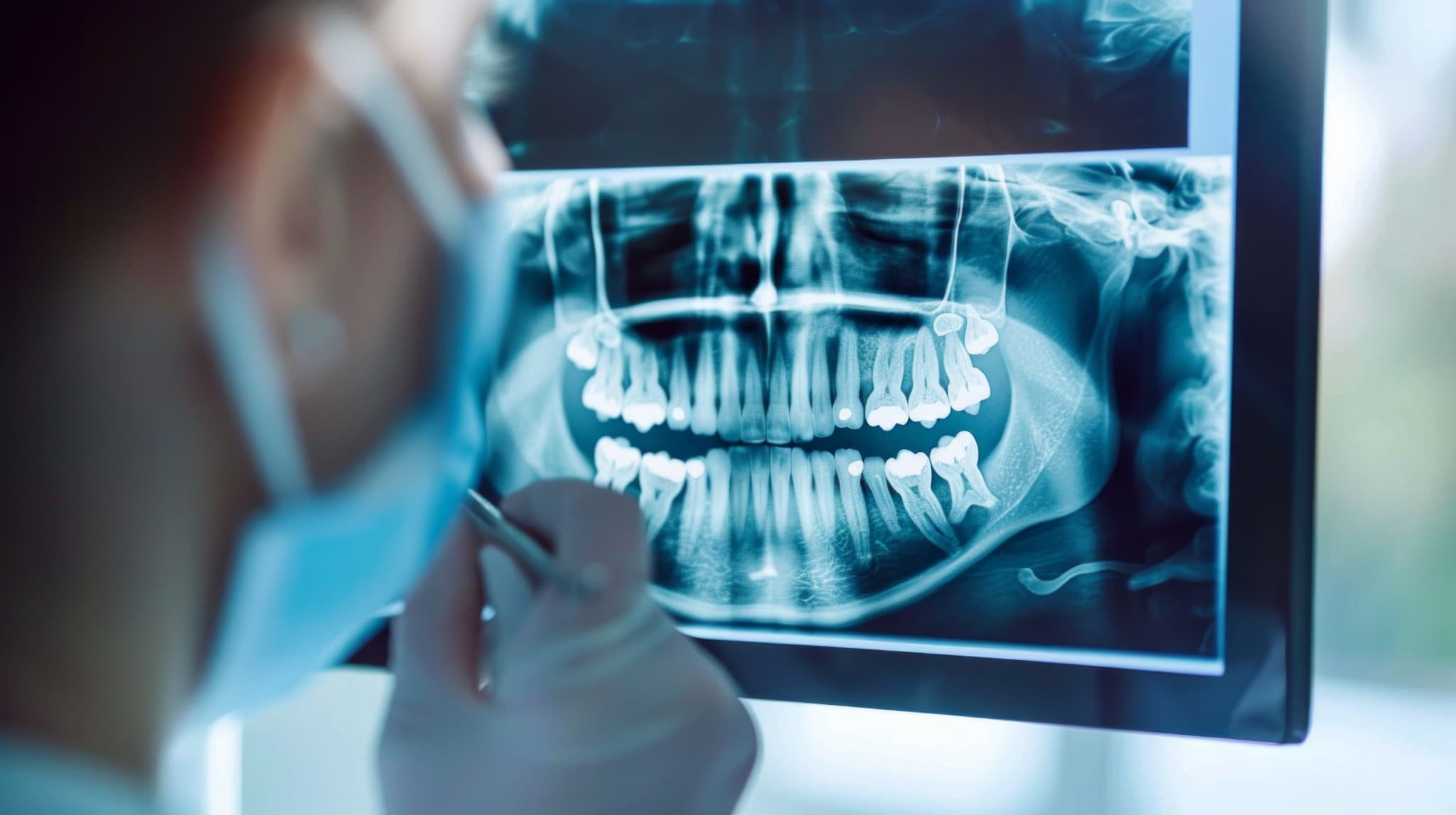 抜歯する虫歯をレントゲン画像で確認する歯科医