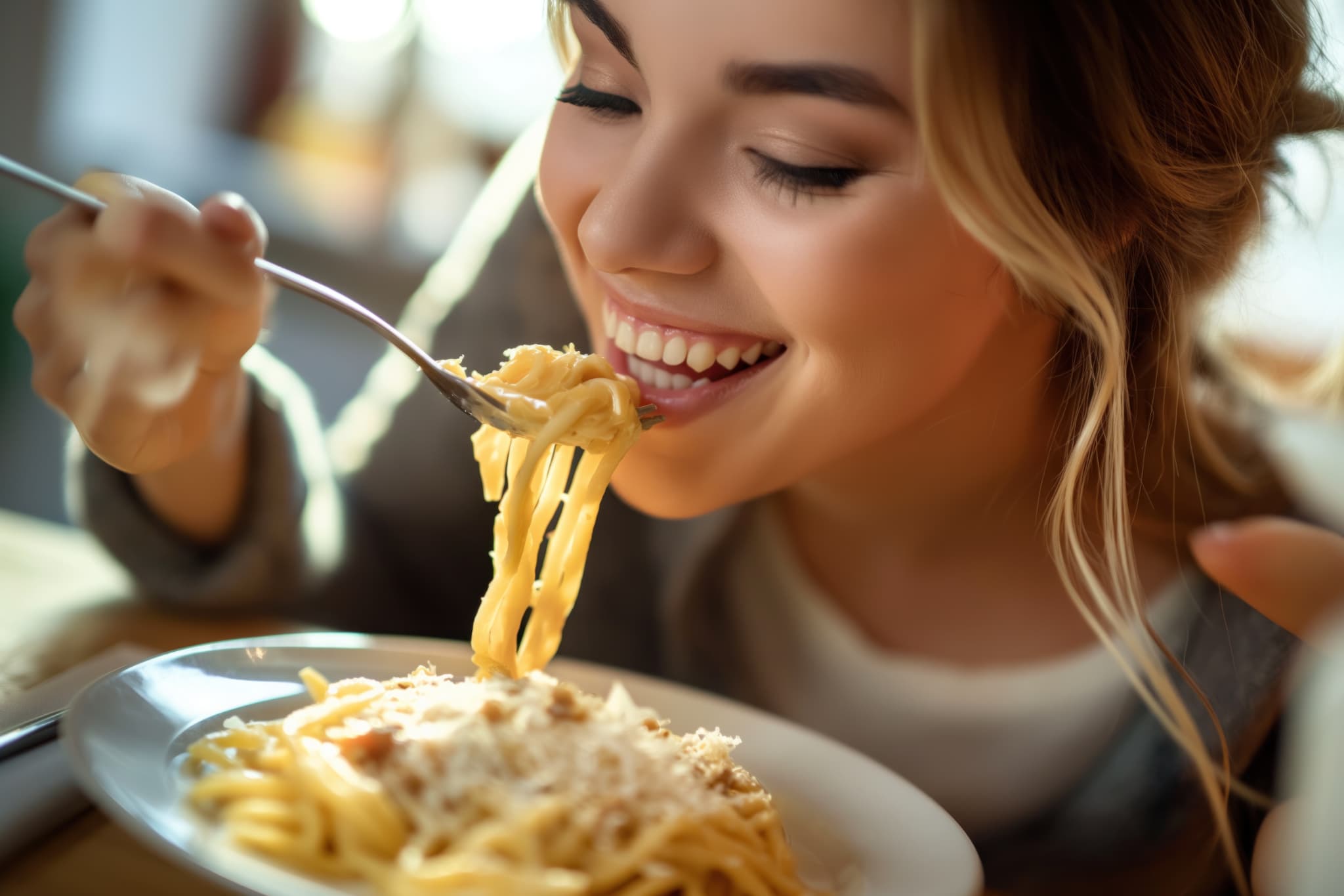 セラミックの歯で食事を楽しむ女性