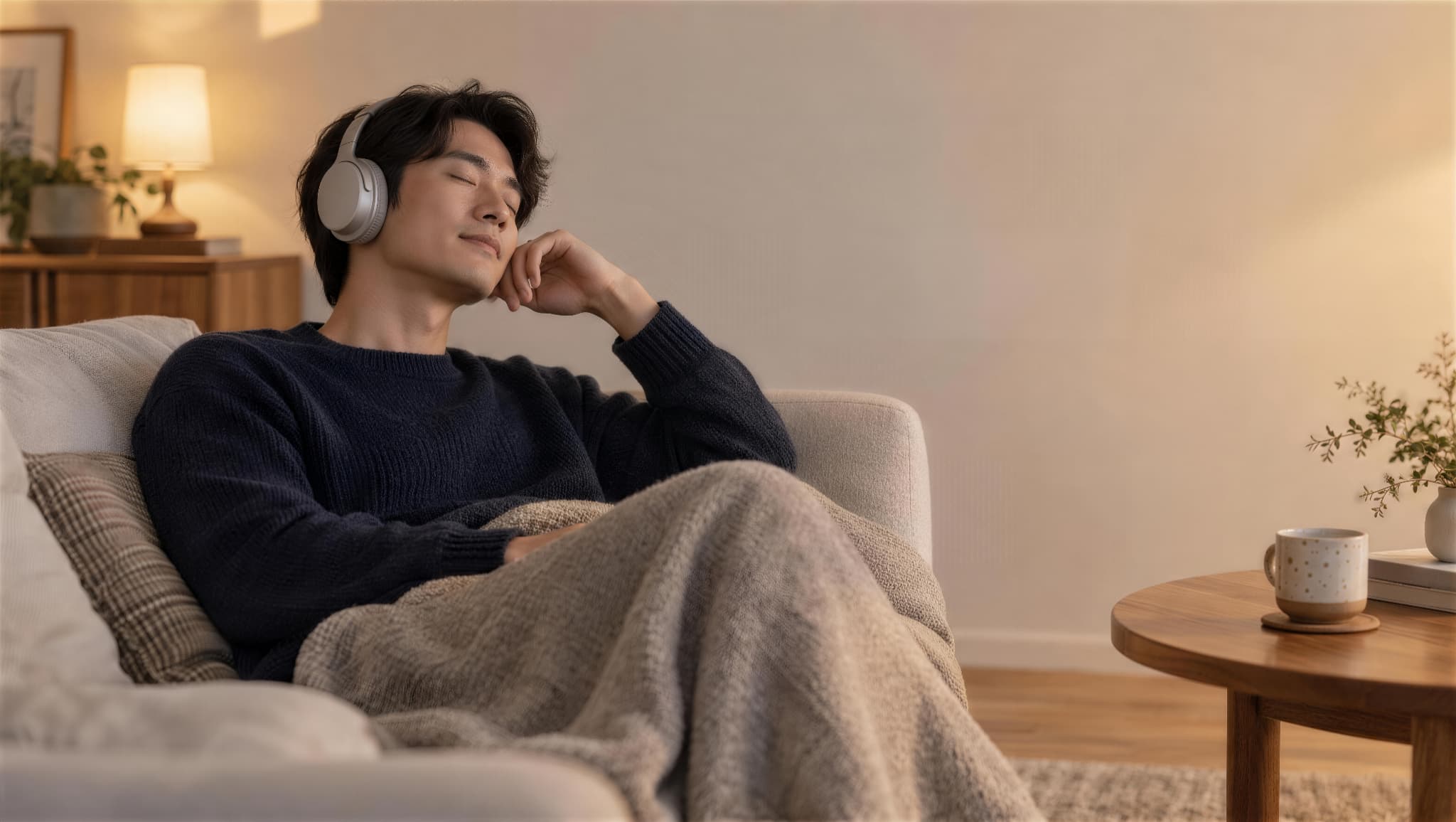 音楽を聴いてリラックスする男性
